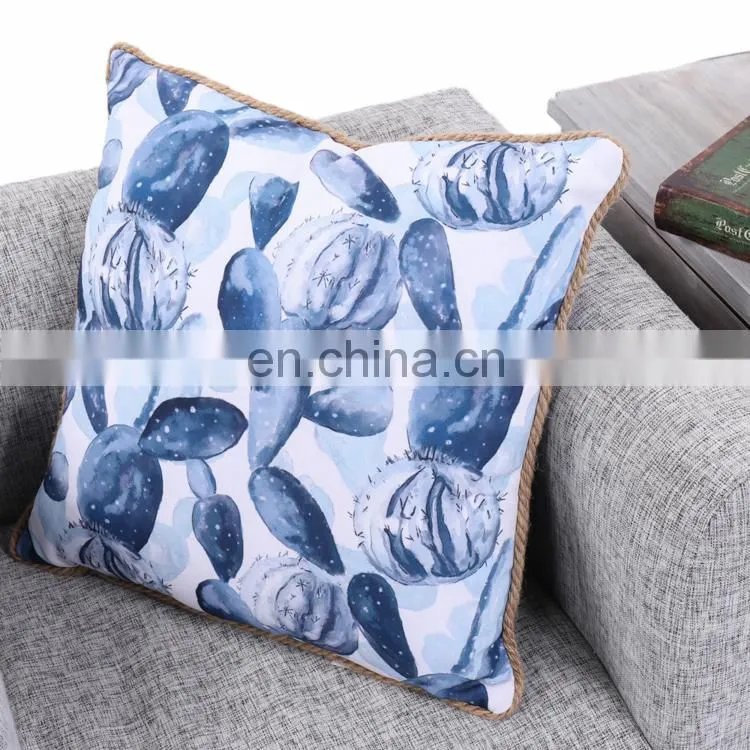 Custom polyester waterproof blue outdoor cushion luxury covers cactus pattern with linen fringes