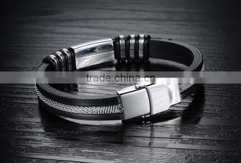 Hot selling silicon bracelet men silicone charm bracelet popular style stainless steel silicon bracelet