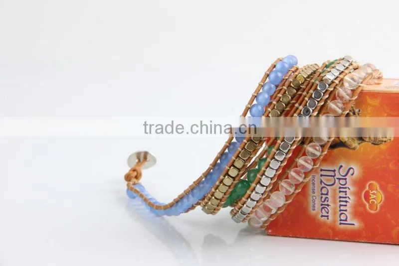 Leather Cord Glass Beads 5 Loops Bracelets, with Acrylic Beads and Stainless Steel Clasps