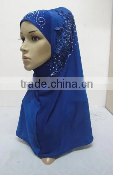 H274 latest one piece instant hijab with lace and rhinestones,muslim scarf