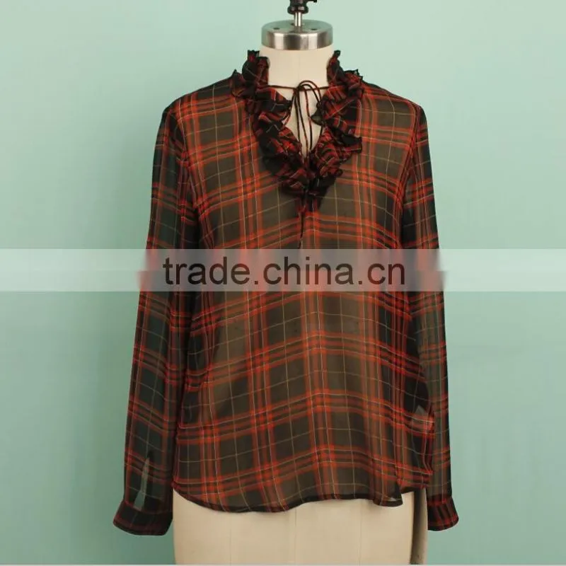 Long sleeve boutique transparent chiffon office blouse patterns