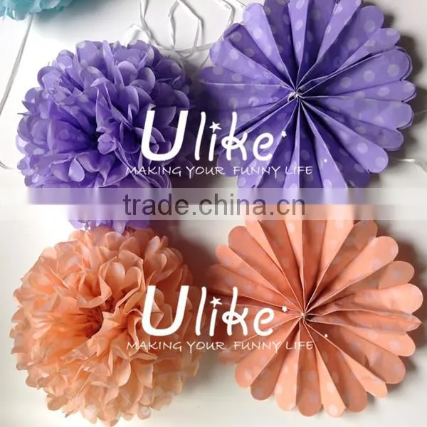 popular polka dot paper fan double used paper pinwheels fan and pom poms flowers wedding table decoration