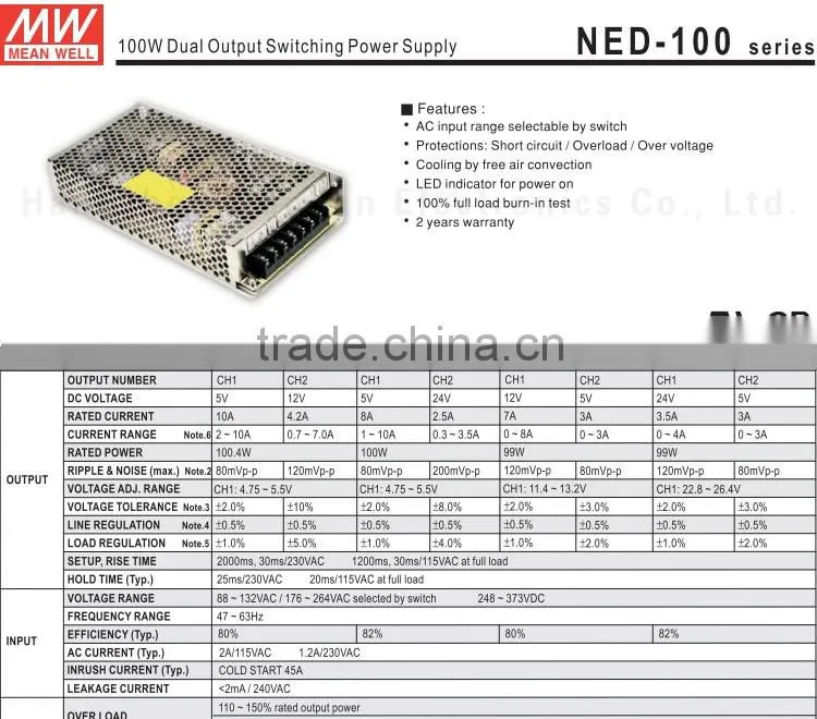UL approved meanwell ned-100c 100w smps dual output 12v 5v
