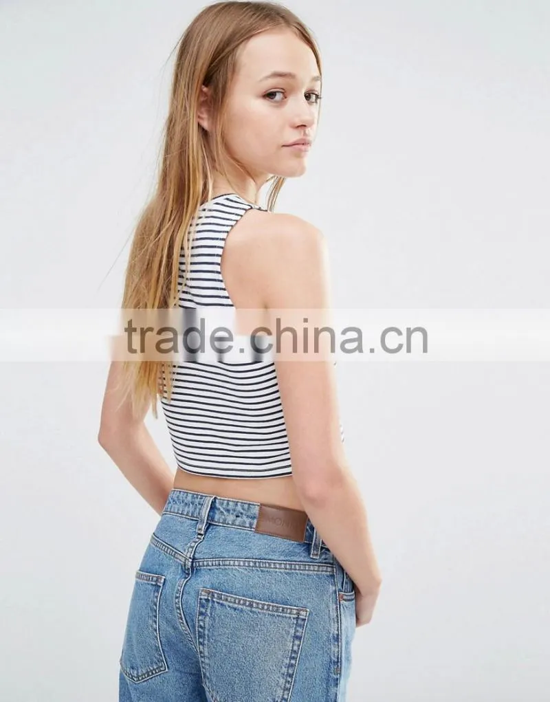 Custom label new fashion ladies tops sleeveless stripe crop top ladies