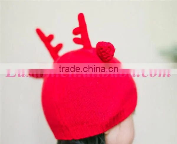 Top quality children antler fabric knitting cony rabbit hair christmas hat for baby