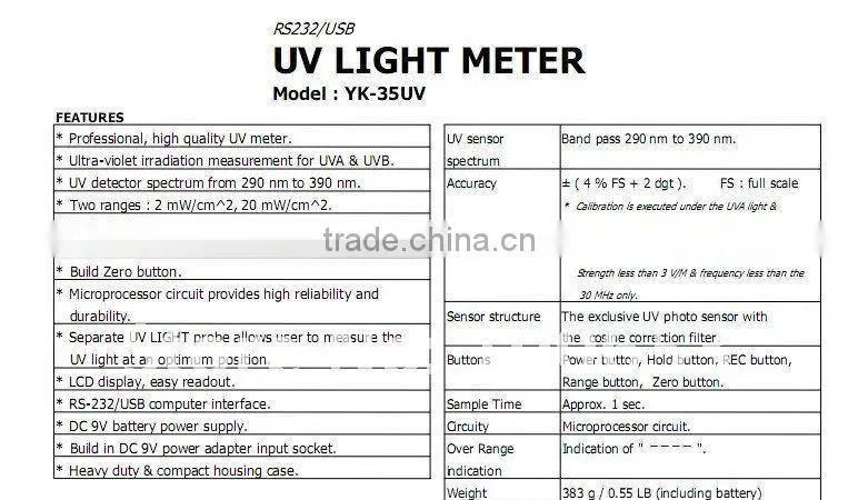 NEW &retail ,2mW/cm2,20mW/cm2, band pass290-390nm, UVA / UVB UV light meter YK-35UV WITH