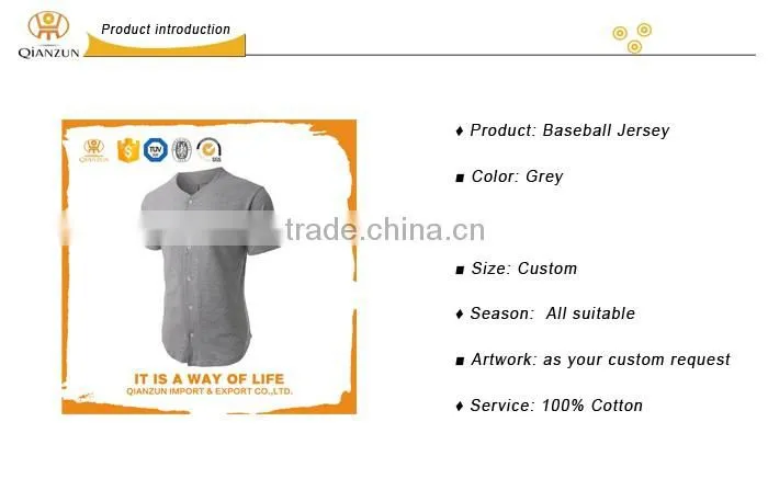 Grey Custom Active Short Sleeve Button Blank Men Baseball Jersey