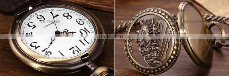 Bronze Steam Train Men Analog Necklace Chain Pocket FOB Quartz Watch