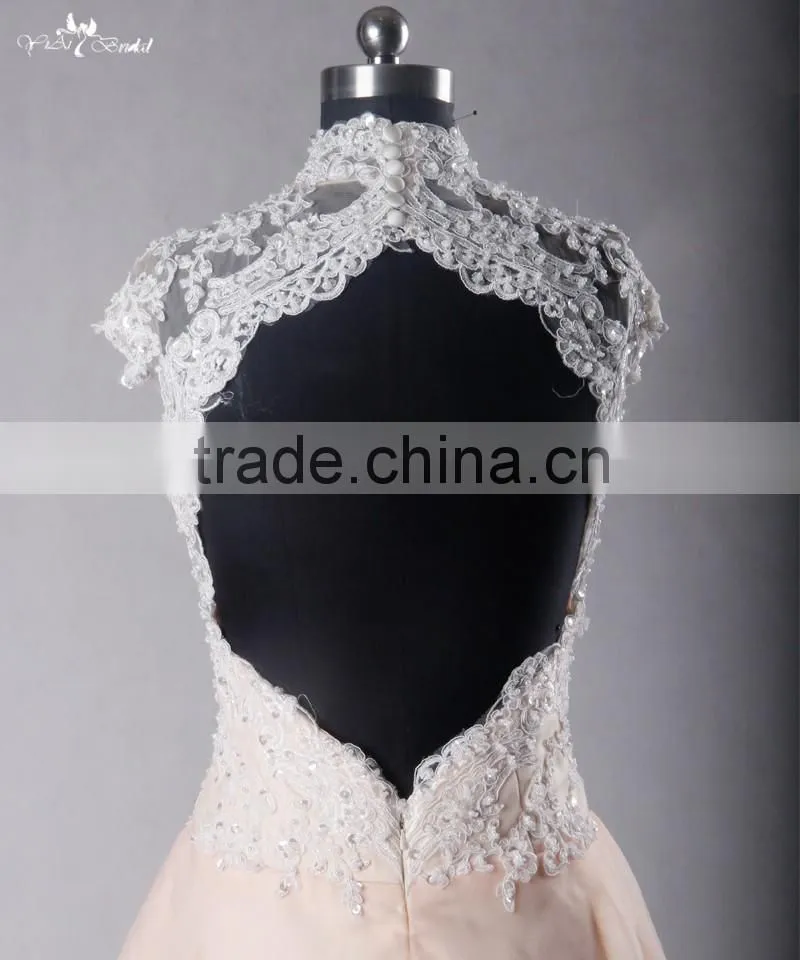 RSE703 High Neck Sexy Lace Floor Length Backless Blush Organza Cheap Pink Wedding Dresses