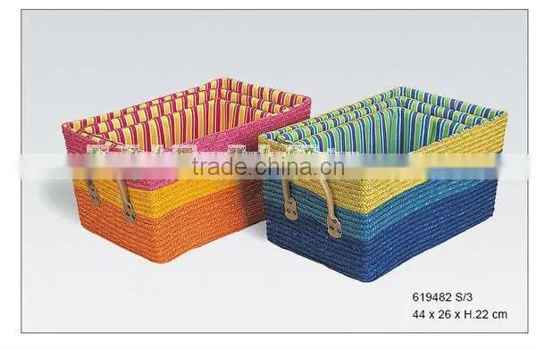 Cheap colored Rectangle straw storage basket with liner and leather handle