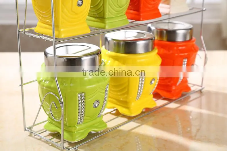 colour ceramic canister set with stainless metal stand