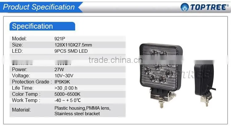 New products slim led work light 27w heavy duty led lights 10-30v ip67 auxiliary driving lamp