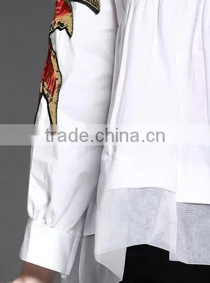 2017 summer newest fashion round neck long sleeve blouse with patch on sleeve