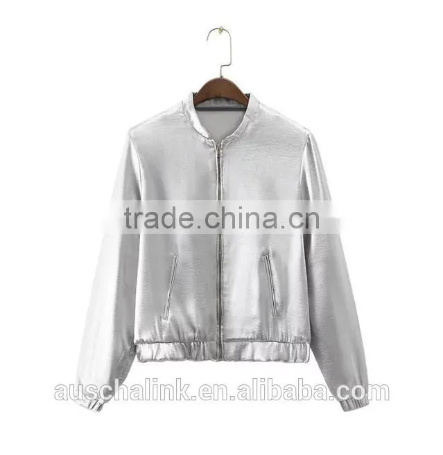 new style autumn cheap sliver satin plain front zipper baseball jackets