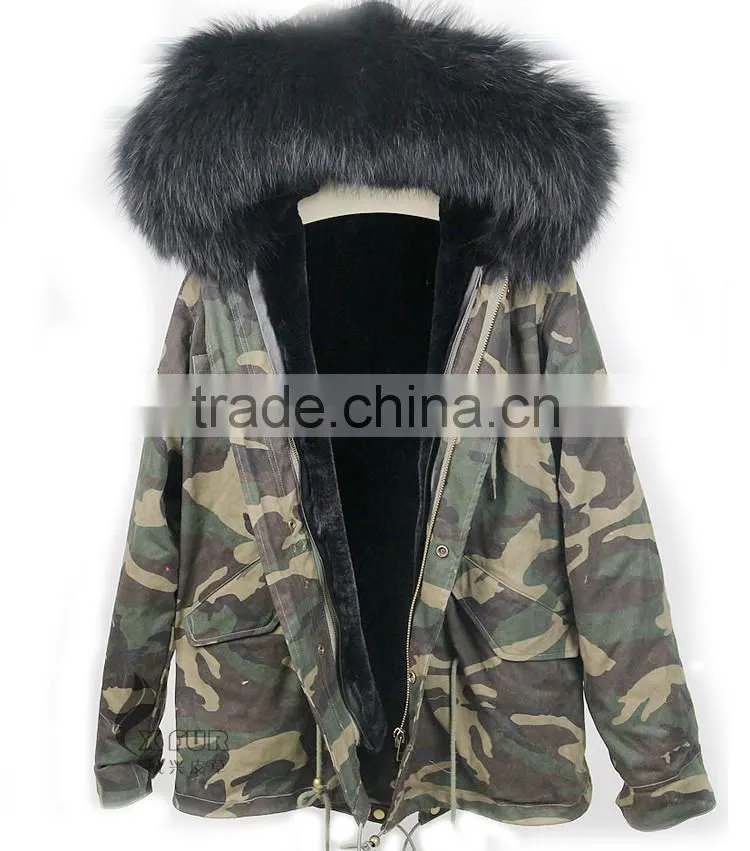 CX-G-P-10A Genuine Faux Fur Coat With Raccoon Fur Collar
