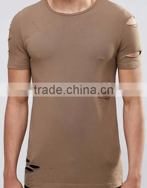 Men longline brown distressing blank slim fitted muscle t-shirt custom china manufacturers