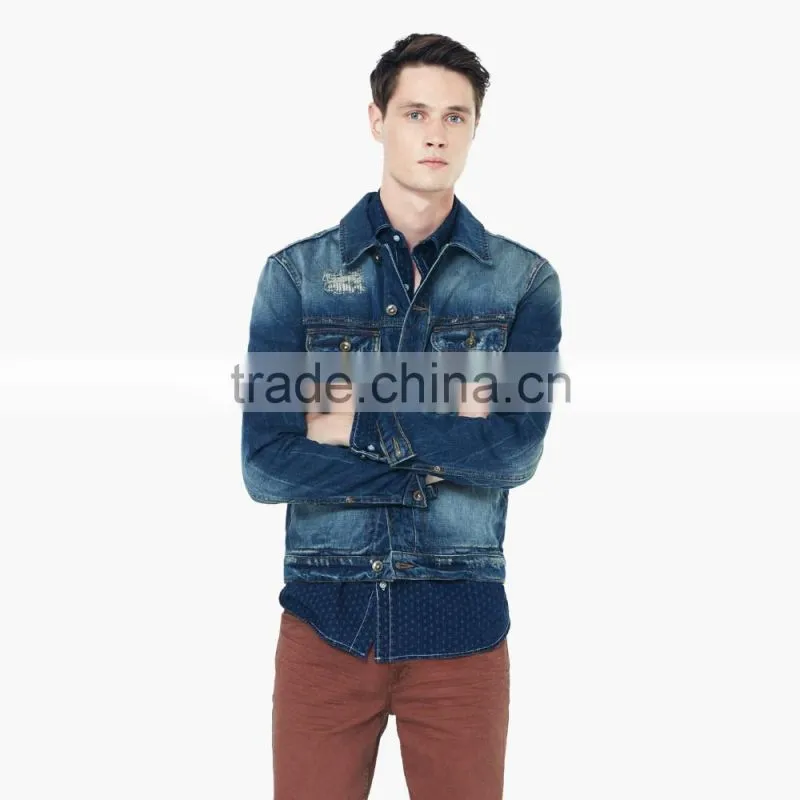 top fashion blue washed ripped denim jacket coat men on sale