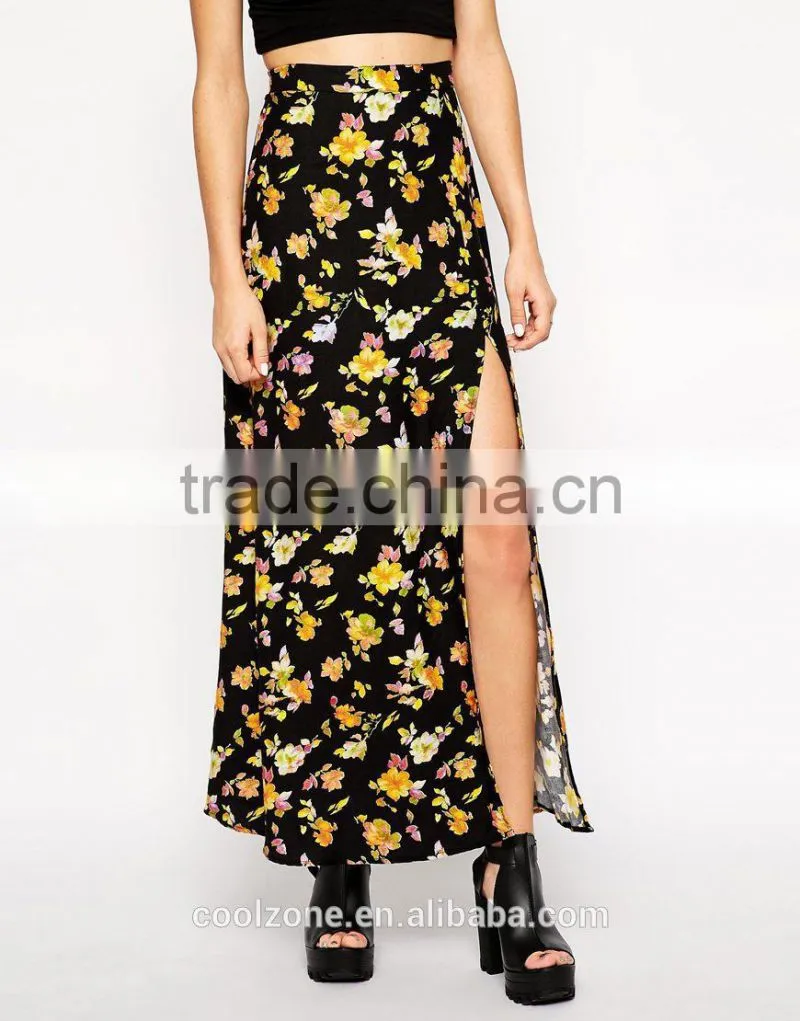 100% Viscose fashion high split all over floral print long skirt