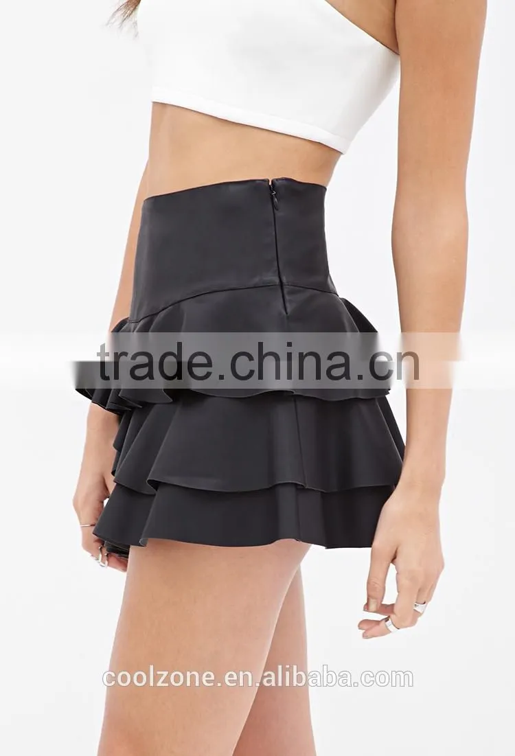 2015 High Quality Ladies Short Skirt Ruffled Faux Leather Skirt