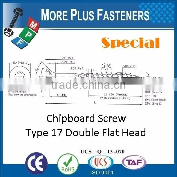 Made in Taiwan Special Custom Double Flat Head Torx Drive Type 17 Screw Chipboard Screw
