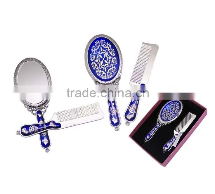 A Chinese Carnelian Handle Hand Mirror,Bronze Hollow Handle Oval Mirror + Comb Suit with Logo Customized