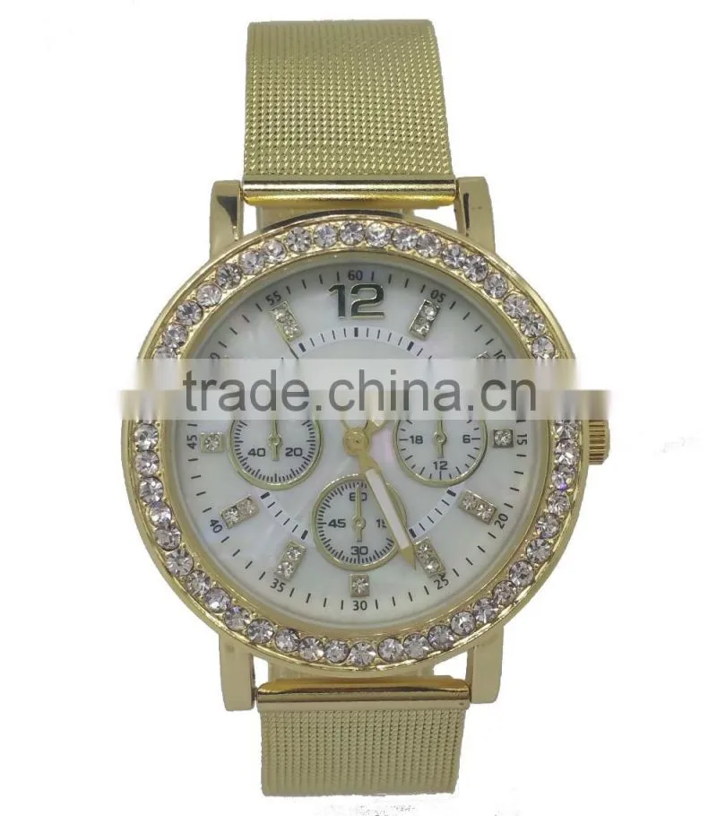 SNT-0027 fashion gold alloy watch with crystal stones and reticulate hand, high quality quartz watch