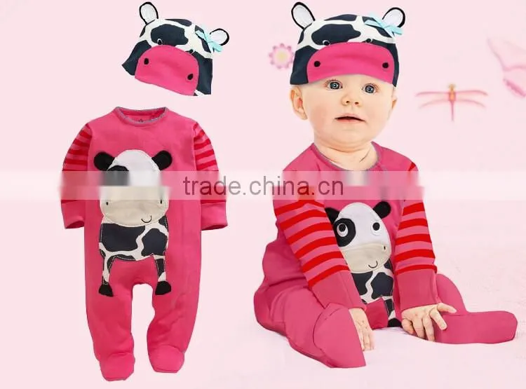 2016 New Cute baby cartoon animal cotton jumpsuits breathable toddler kids rompers with cap handsome baby clothing