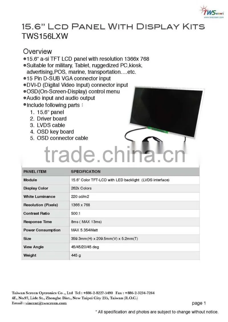 Control Driver Board kits with 15.6-inch Lcd Panel Display, TWS156LXW LVDS interface