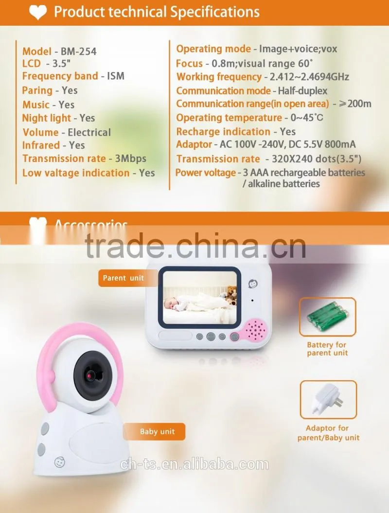 Wireless Digital 3.5" LCD Color Baby Monitor ,2.4GHz Camera Audio Video Infrared Night Vision,Music