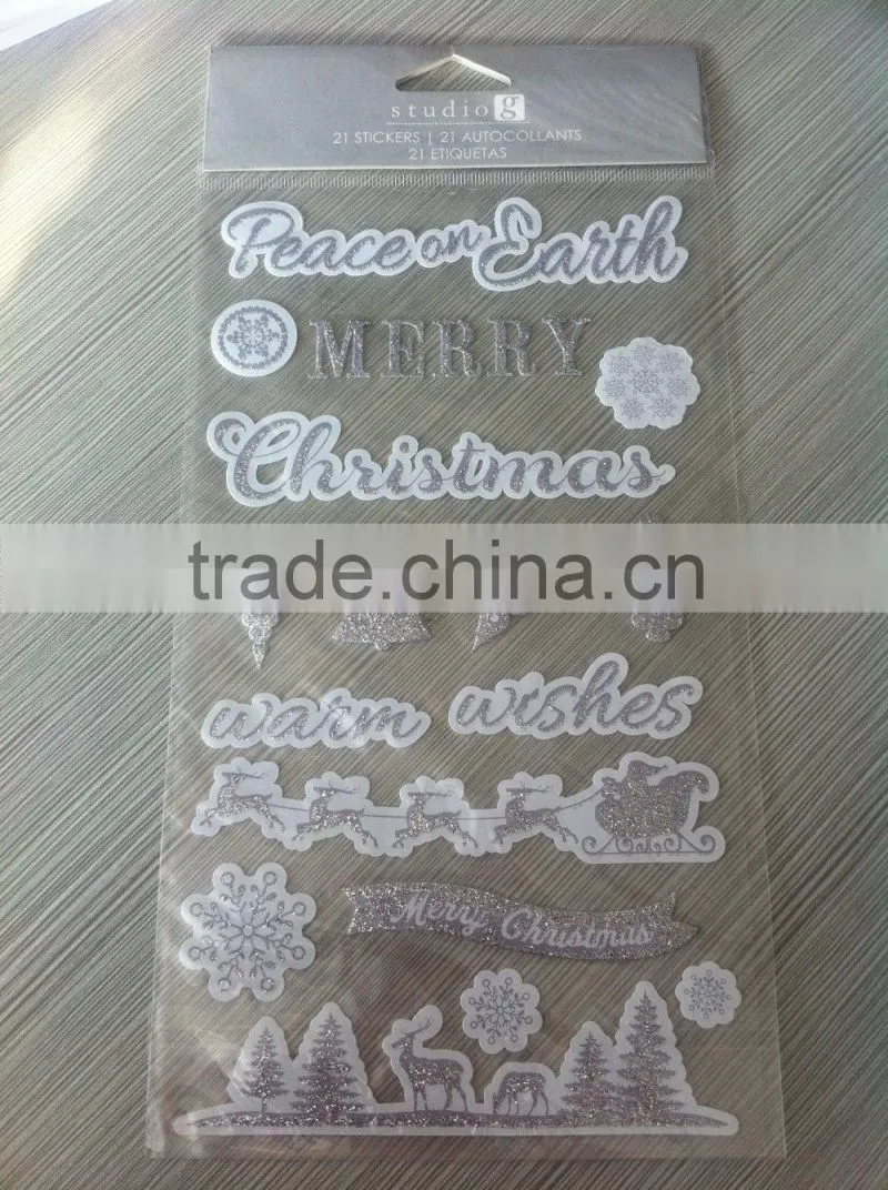 M-P007 Merry Christmas glitter pvc sticker, 5d home decor pvc wall sticker,custom pvc sticker paper