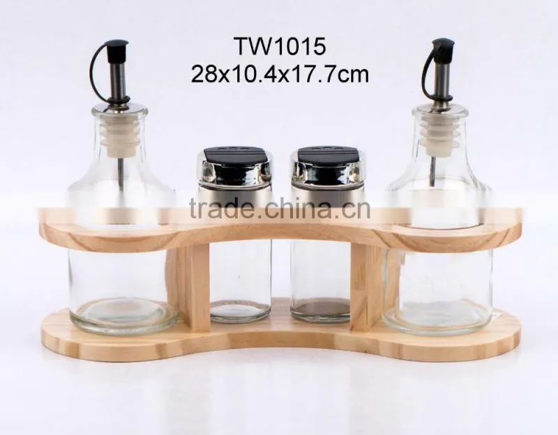 5pcs glass spice jar set with wooden rack (TW1013)