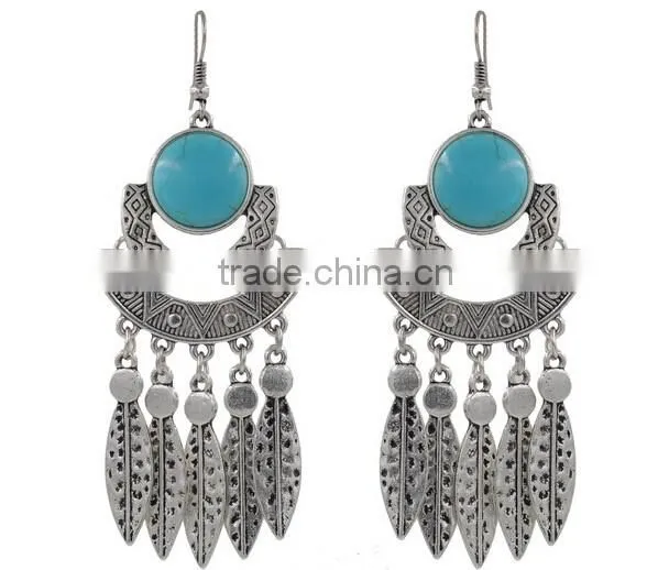 New Summer Style Ginasy Silver Geometry Turquoise Leaf Drop Tassels Dangle Earrings