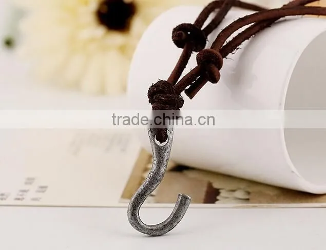 vintage real cow leather fish hook pendant bown genuine cowhide necklace for men