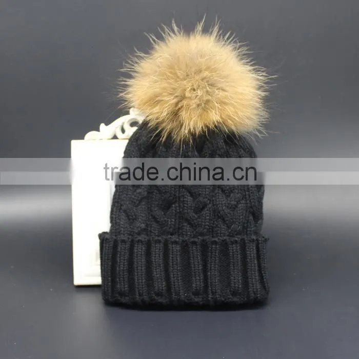 Black color wool hats with fur balls raccoon fur pompoms hat