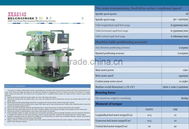 powerful CNC horizontal Machine Milling XKA6140 china high quality