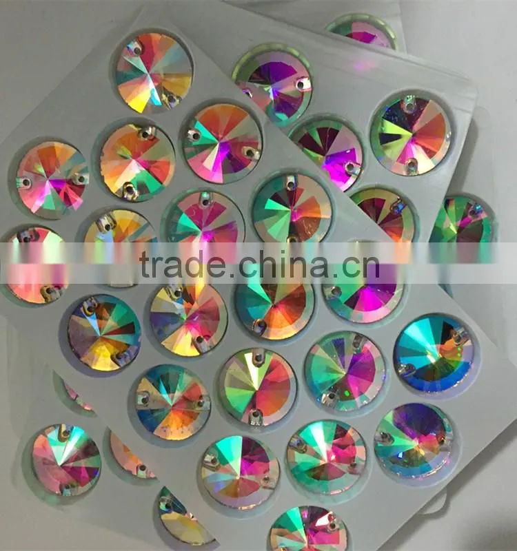 nice small box packing 14mm revoli round shape crystal AB sew on crystal stone with hole for designing clothing