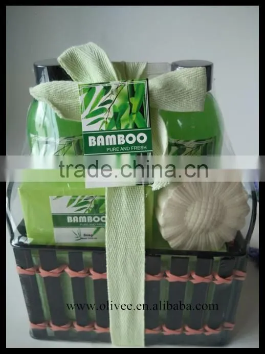 Nice fragrance bath set 170ml shower gel bubble bath and 70ml body lotion 100g soap fizzer with bamboo basket