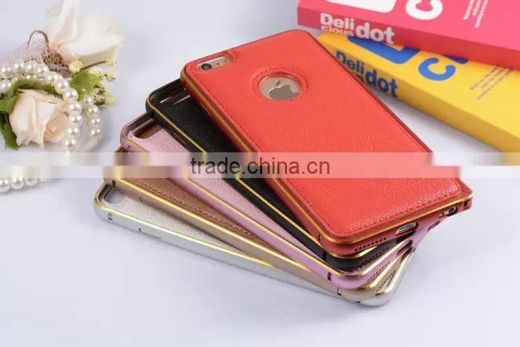 Leather Back Cover Metal Bumper Frame Case For iPhone 6,metal bumper for iphone6 plus