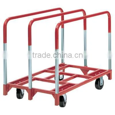 Panel Cart - green color panel cart with 2 removable uprights and with solid deck covering with carpet and uprights