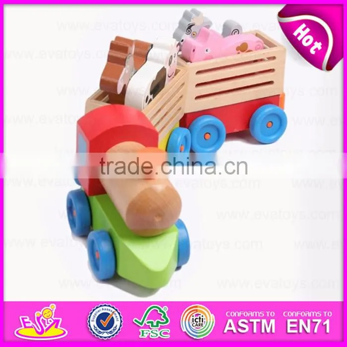 Kid's intelligence Wooden pull along train toy with animal blocks W05C019