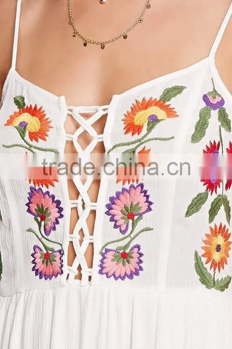 2017 Summer Latest Floral Embroidered Beach Dress Plunging Neckline Boho Maxi Dress HSd9209