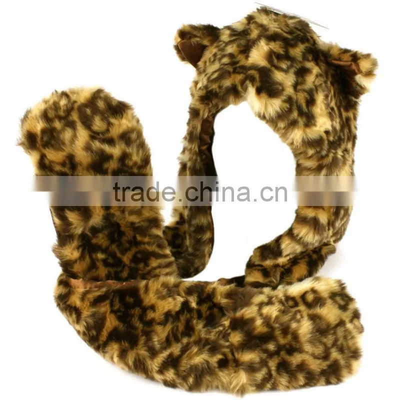 Adult winter faux fake animal fur scarf trapper hat w paw gloves mittens leopard fashion winter animal hat