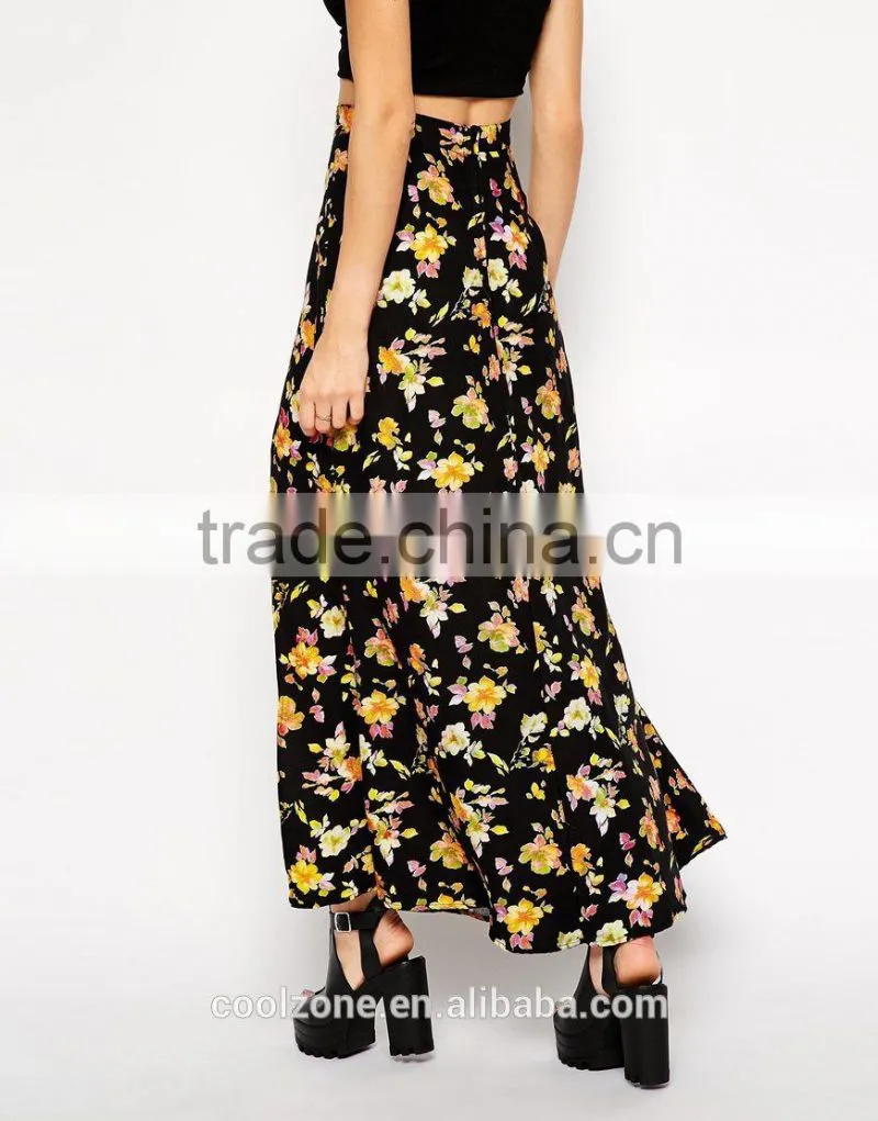 100% Viscose fashion high split all over floral print long skirt