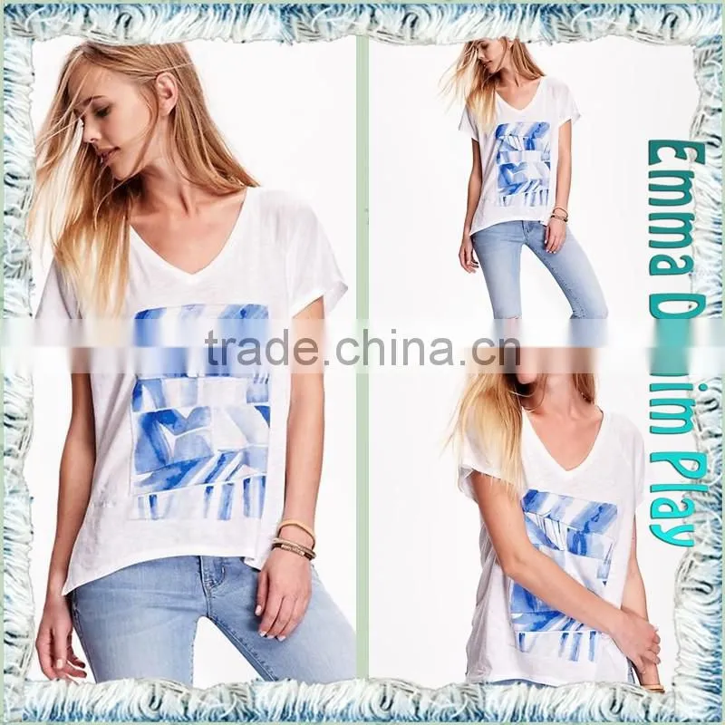 2016 Top Custom Designs Ditigal Printing Girls Open Hem Deep V Neck T-Shirt
