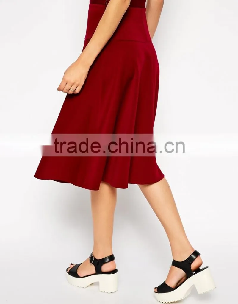 latest fashion new designed plain red longline midi skirt with peplum hem