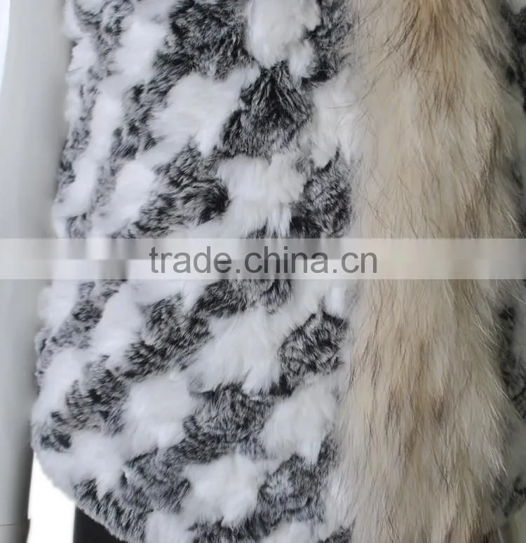 YR285 Knitted Rabbit Fur with Raccoon Collar/Hot Sale New Sytle 2016