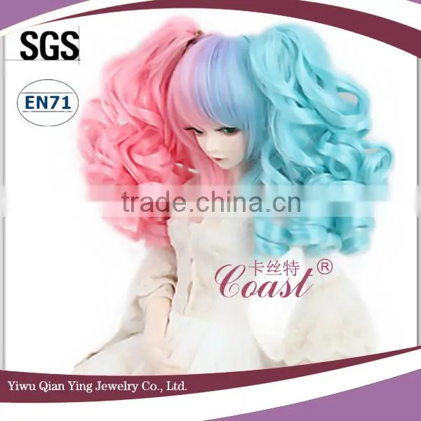 pink and blue curly synthetic girl doll wigs two ponytail