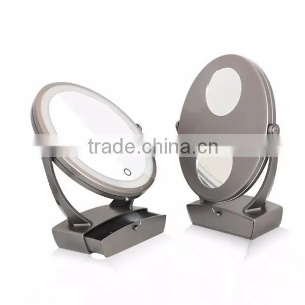 Touch screen lighted dressing table mirror with 5x and 10x magnifying mirror