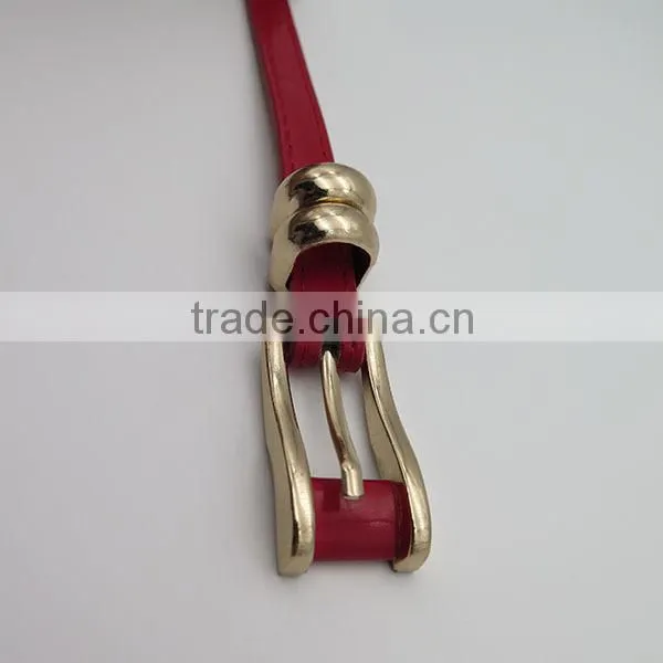 Gold plated alloy buckle leather girl's red skinny belt