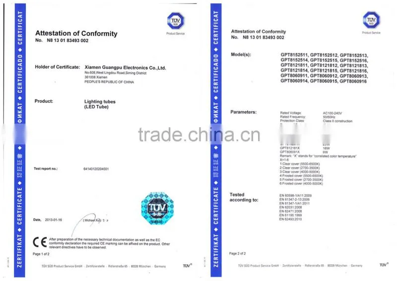T8 led tube light, 110lm/w input 100-240 Vac with CE&Rohs certificate